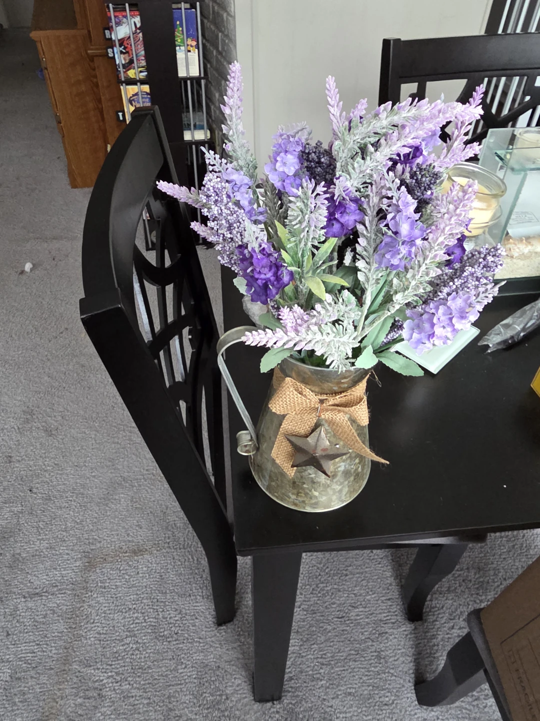 Artificial Lavender Flower Arrangement in Galvanized Pitcher