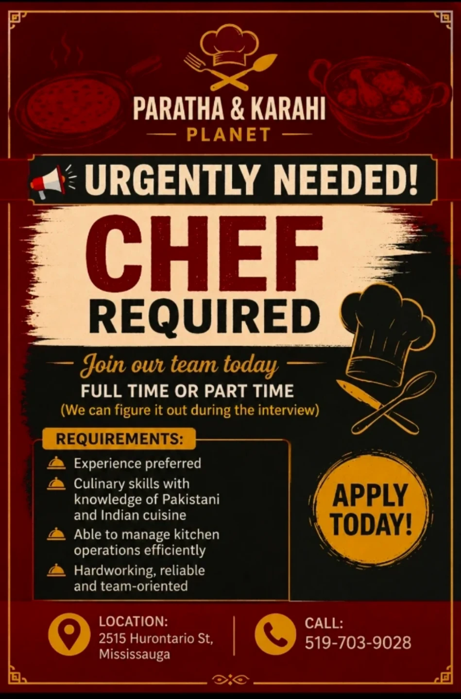 Urgent!!! Chef Required - Paratha & Karahi Planet