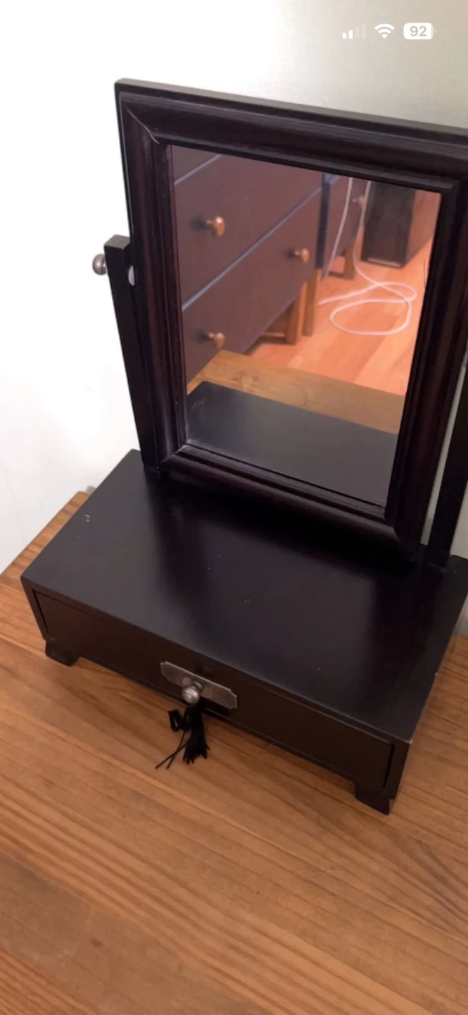 Dark Wood Vanity Mirror with Drawer