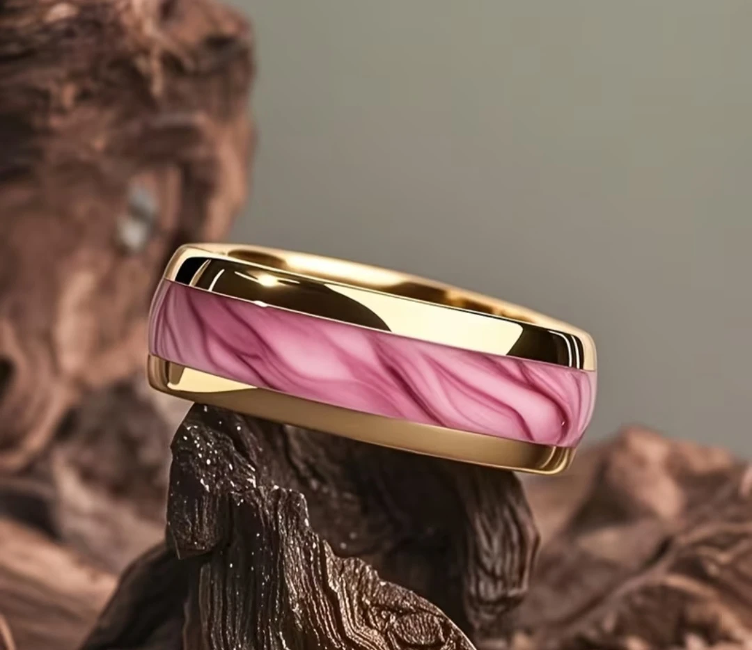 8mm Golden Stainless Steel with Pink Rose Immitation Opal Inlay