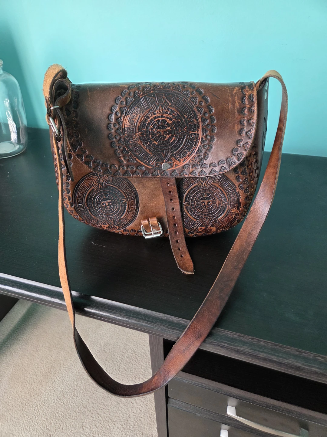 Vintage Leather Saddle Bag with Embossed Design