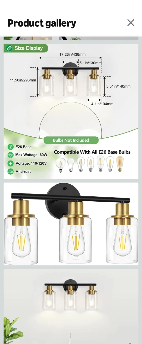3-Light Black and Gold Vanity Light Fixture - photo 4