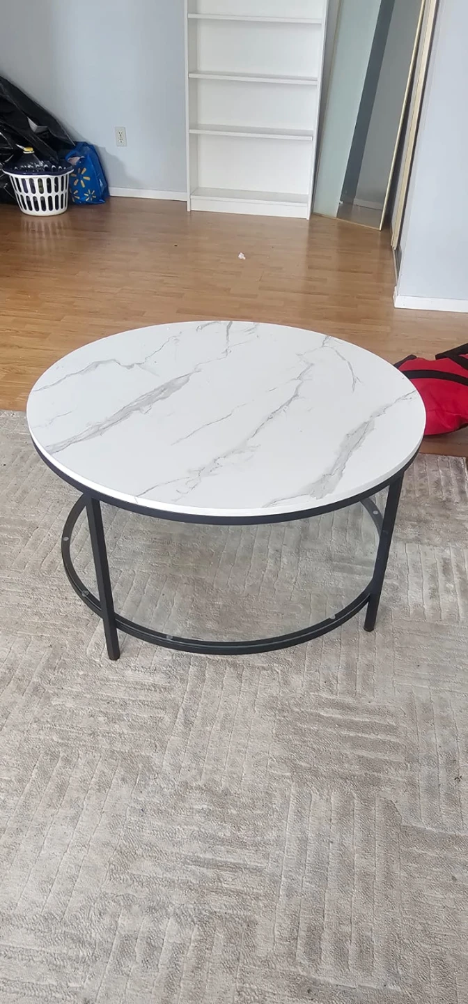 Round Marble Top Coffee Table with Glass Shelf