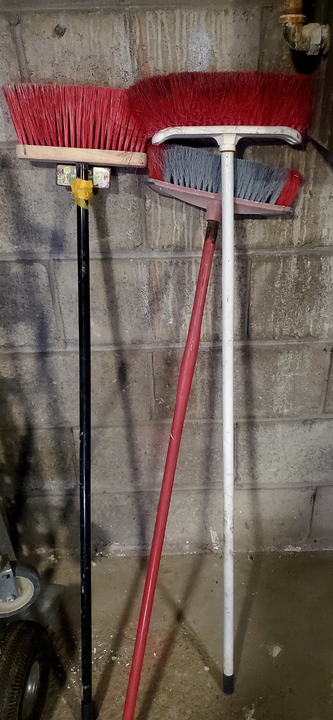 Three Brooms, Red and Blue Bristles
