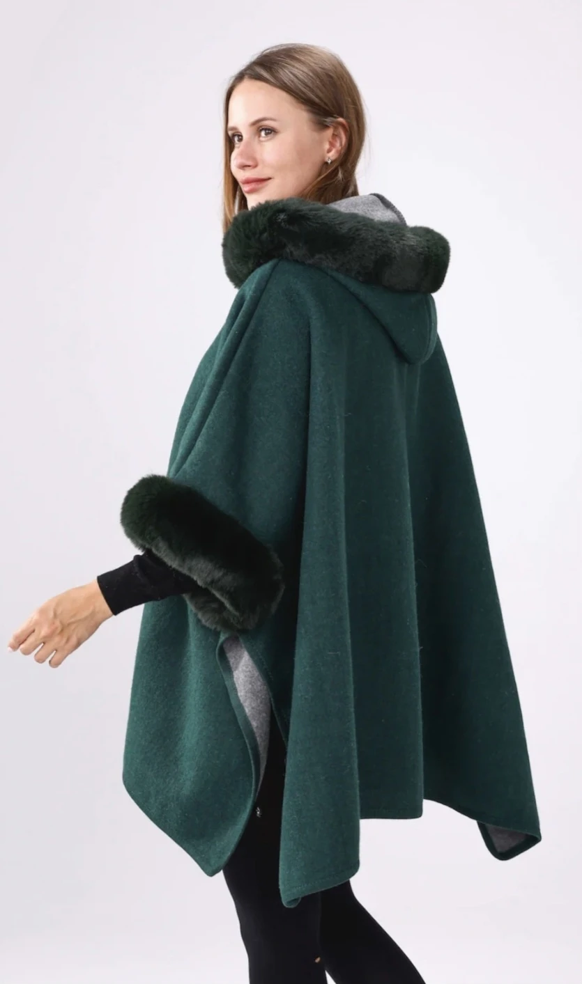 Dark Green Hooded Cape with Faux Fur Trim