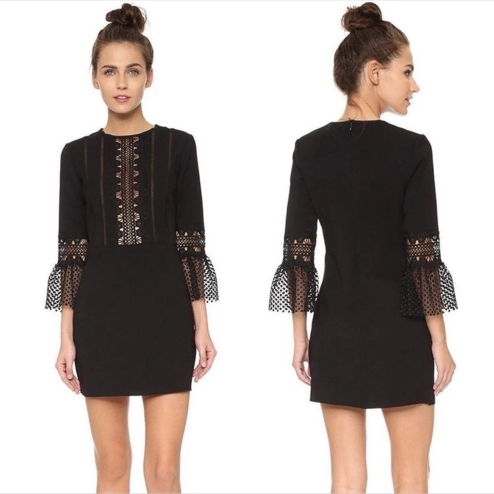 Self-Portraitlace-insert bell-sleeve mini dress - photo 3