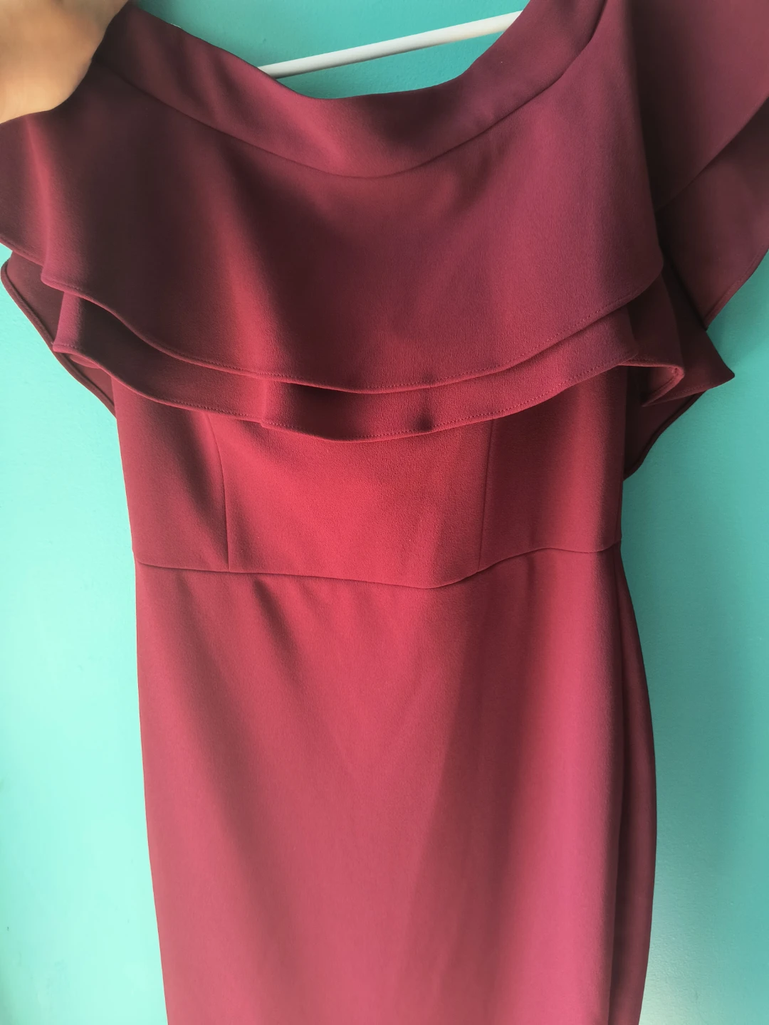 Beautiful Burgundy Bardot Ruffle Dress - Size M