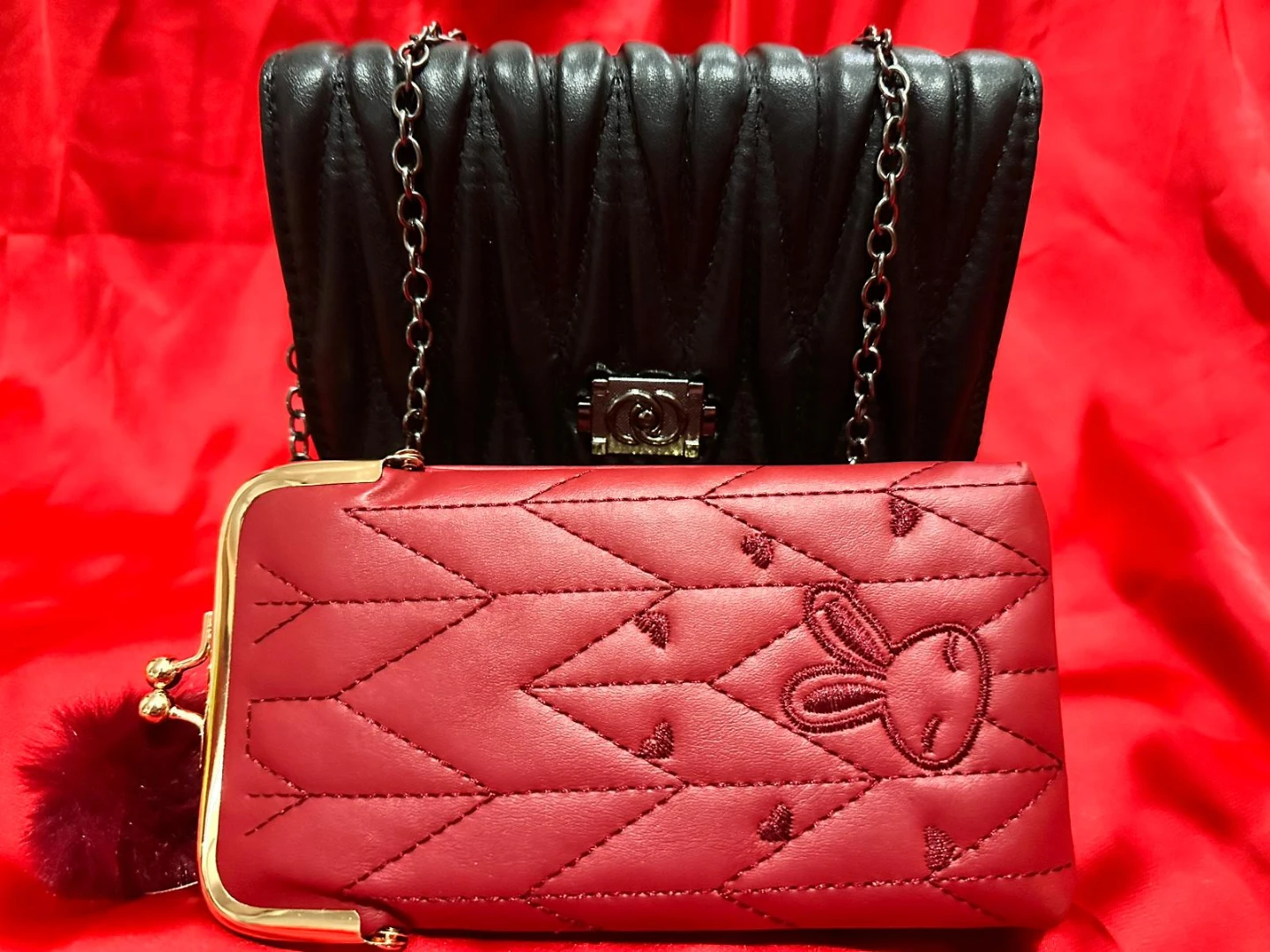 Black and Red Purses with Chain and Bunny Design