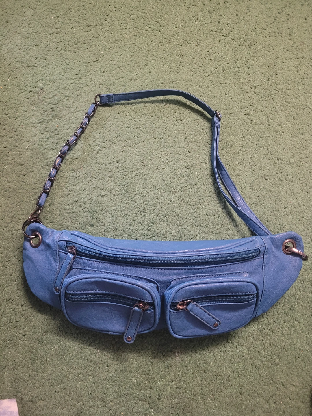 Blue Faux Leather Fanny Pack with Chain Strap
