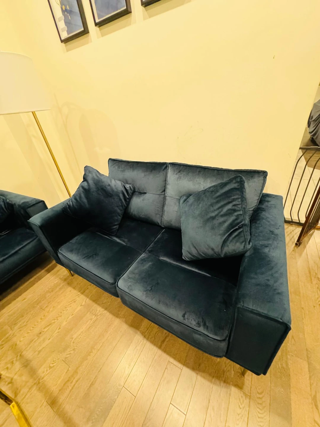 Ashley Blue Velvet Sofa Set - photo 2