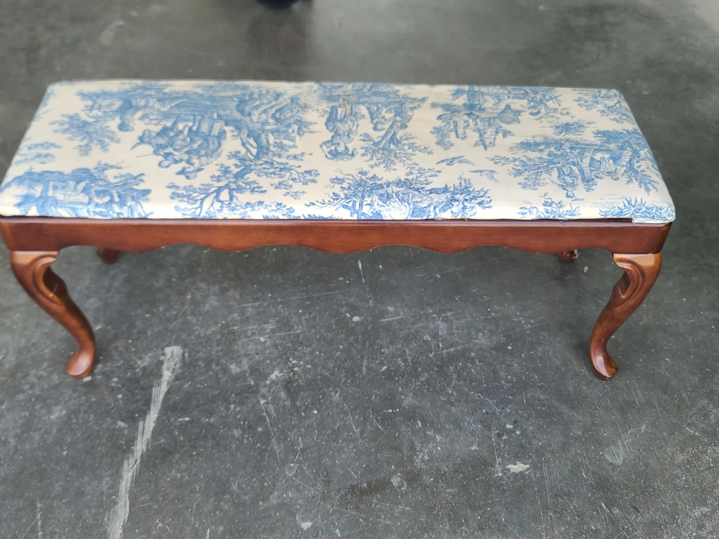 Vintage Bench with Blue Toile Upholstery