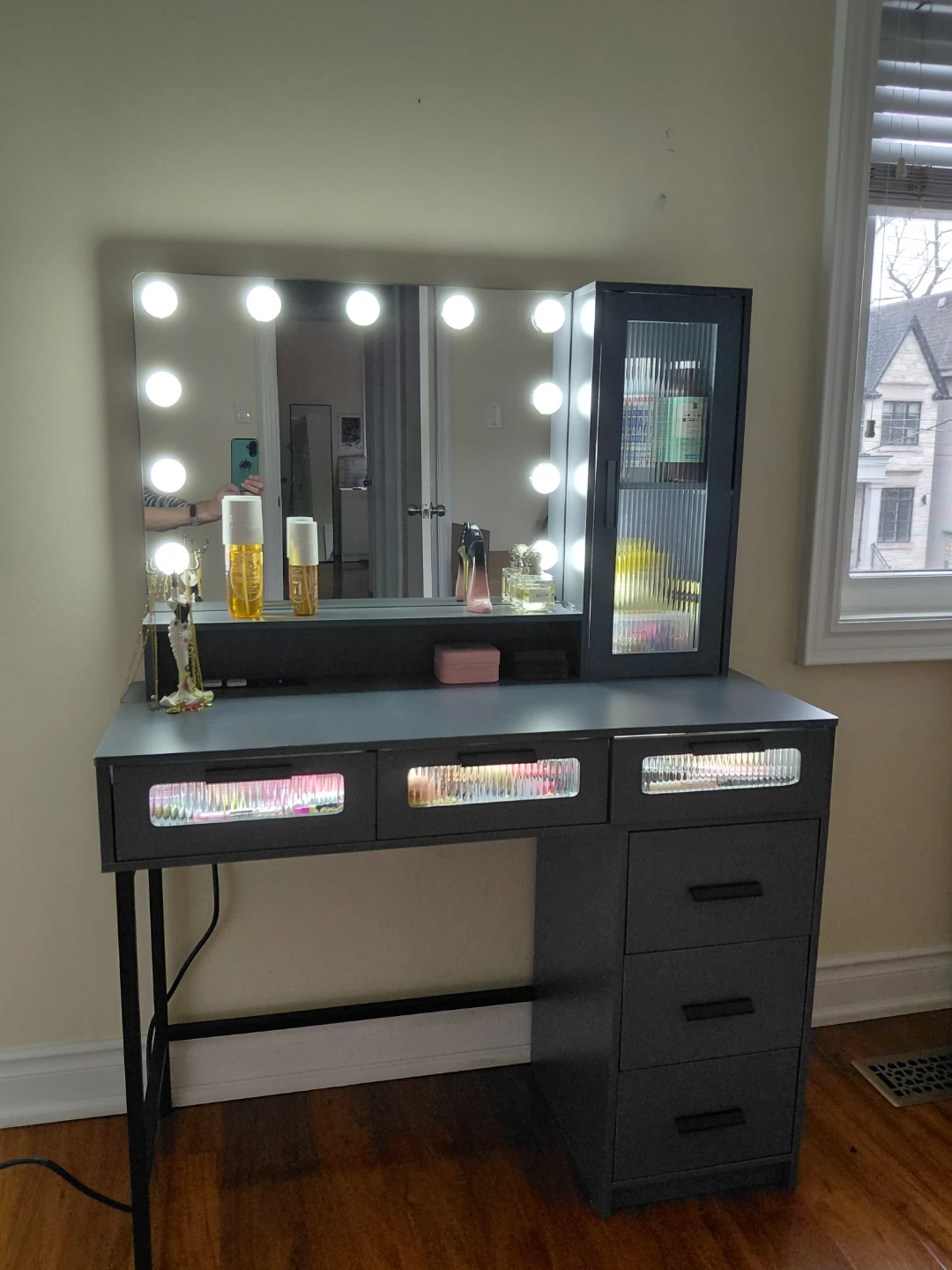 Grey Vanity Desk with Lighted Mirror and Stool