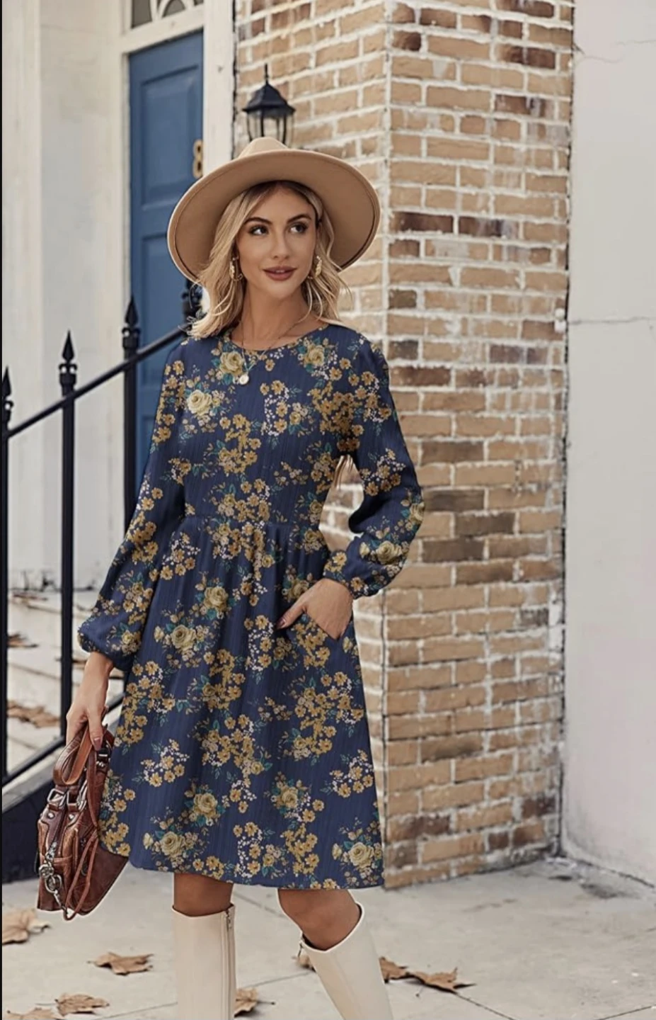 Zeagoo Navy Floral Print Long Sleeve Dress with Pockets - photo 4