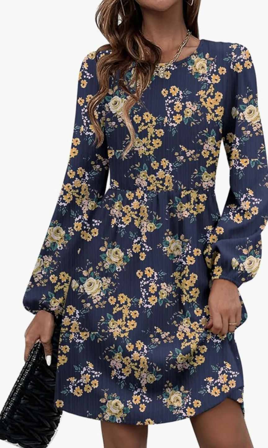 Zeagoo Navy Floral Print Long Sleeve Dress with Pockets - photo 5