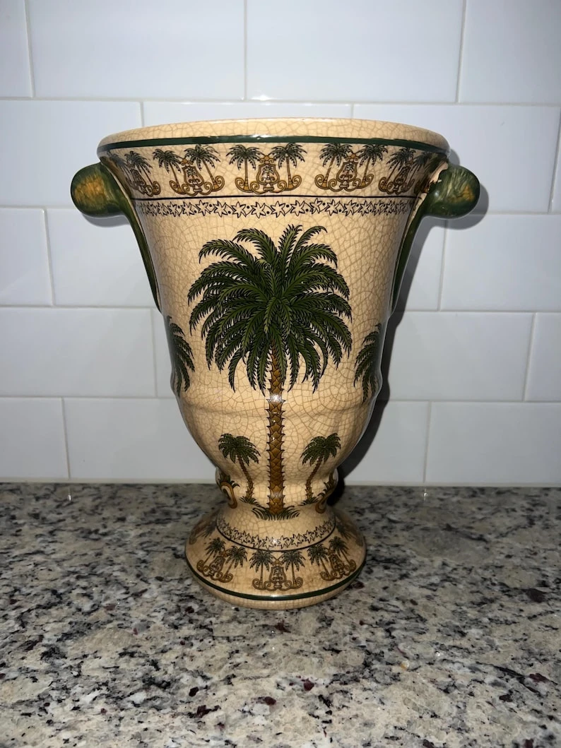 Vintage Palm Beach Chic Ceramic Palm Tree Plant Stand / Vase