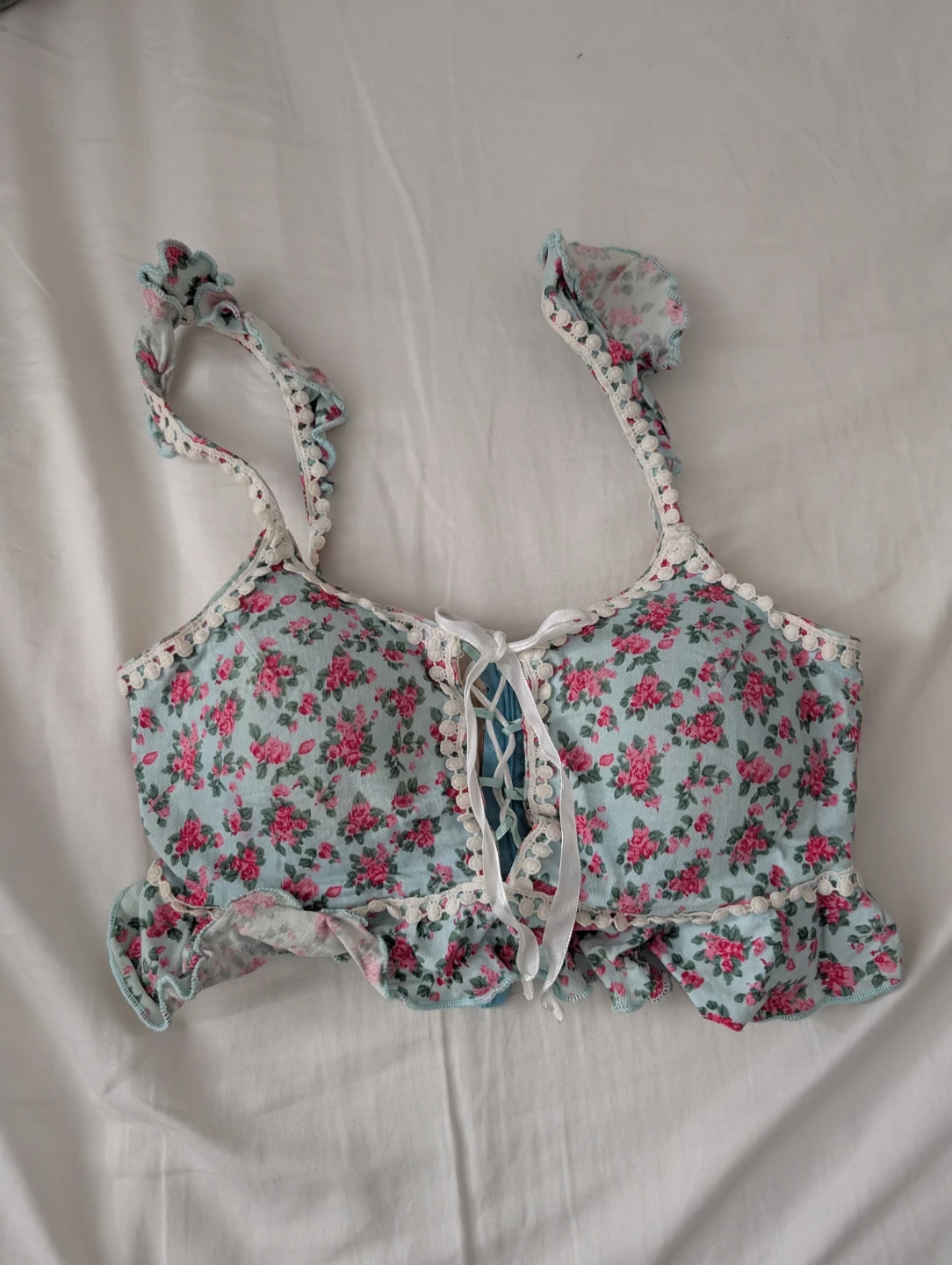 Blue Floral Lace-Up Crop Top Sexy Spaghetti Top Summer