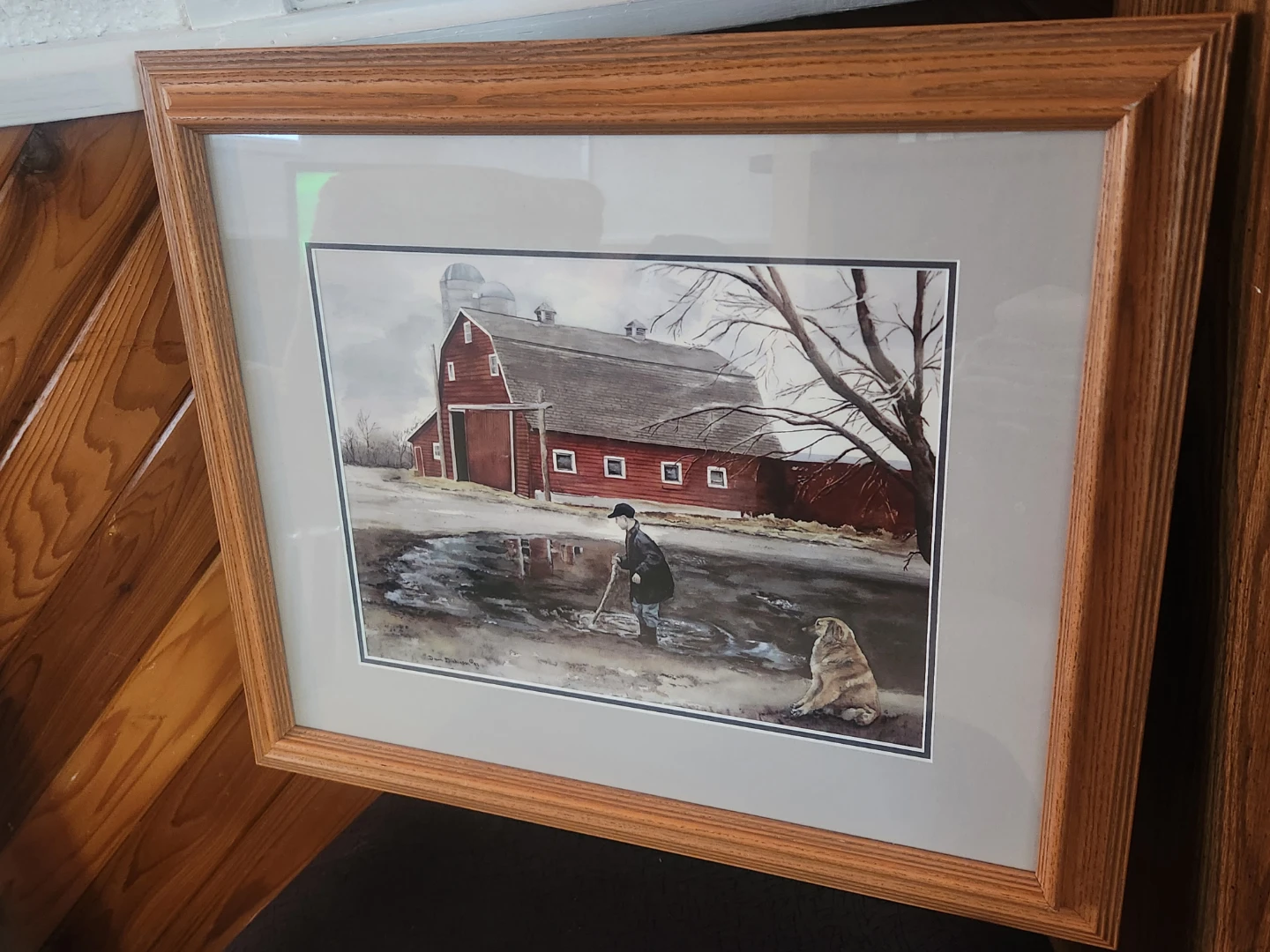 Framed Barn Scene Watercolor Painting