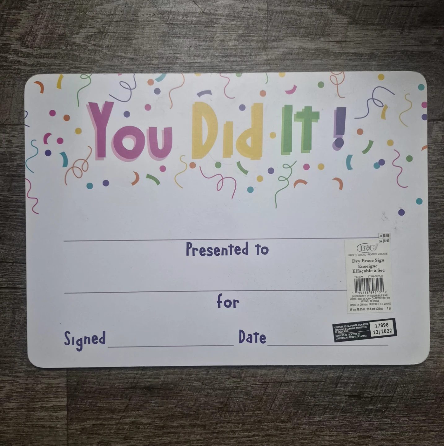 Reversible Dry Erase Sign for Kids Achievements