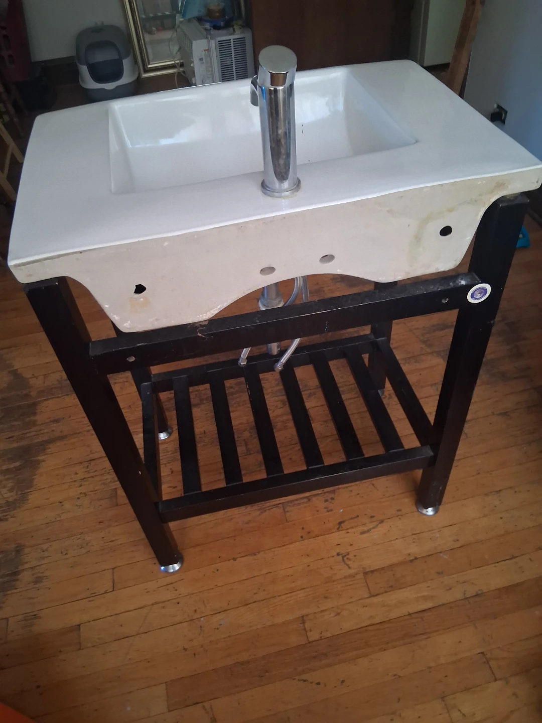 White Bathroom Sink with Black Metal Vanity Stand - photo 2