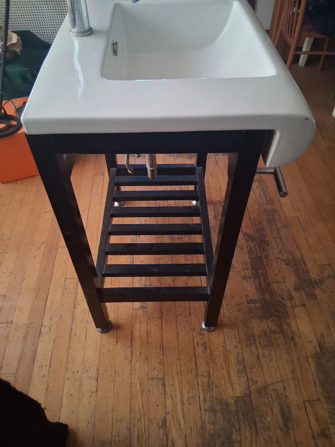 White Bathroom Sink with Black Metal Vanity Stand - photo 3