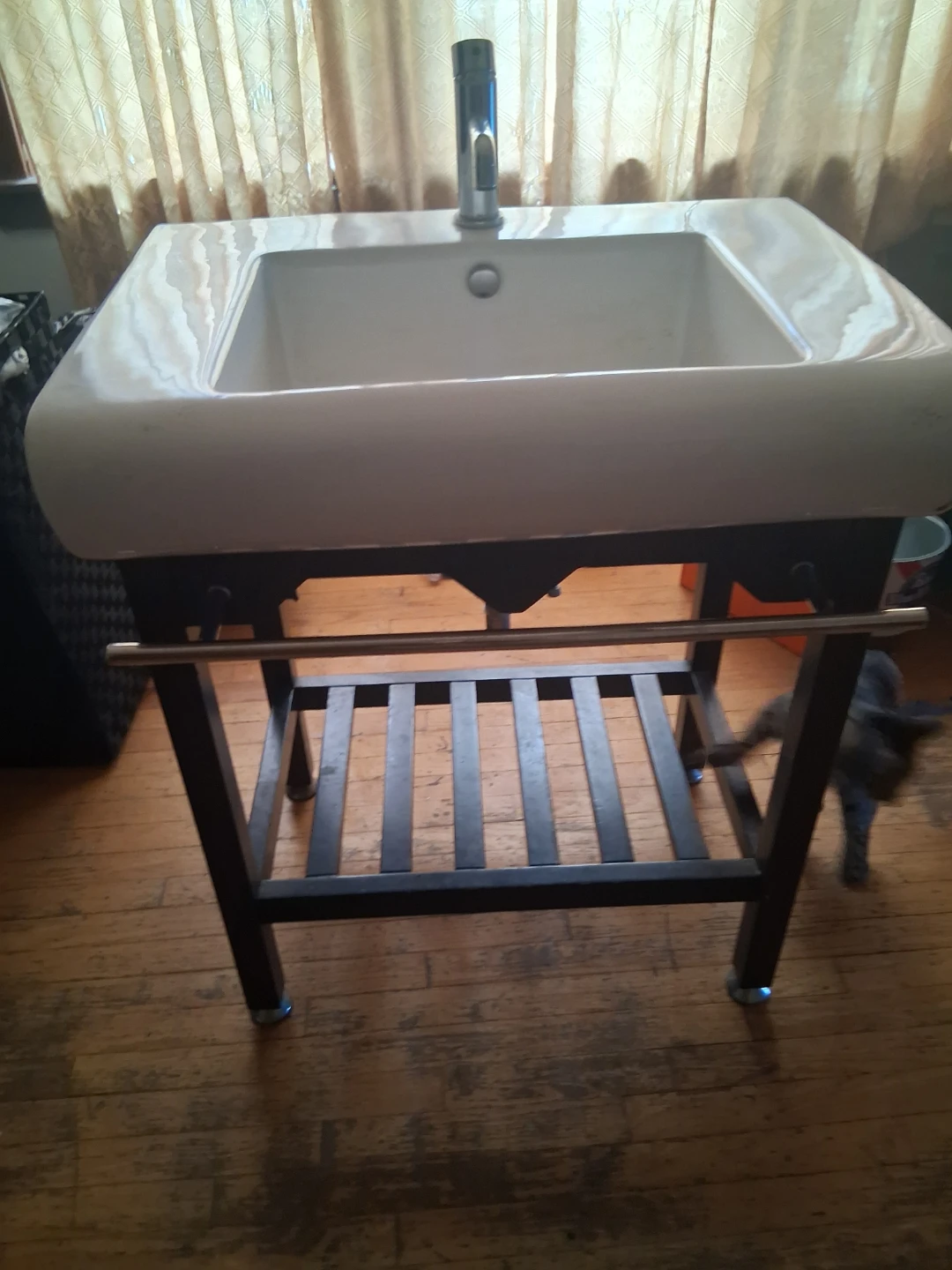 White Bathroom Sink with Black Metal Vanity Stand - photo 4