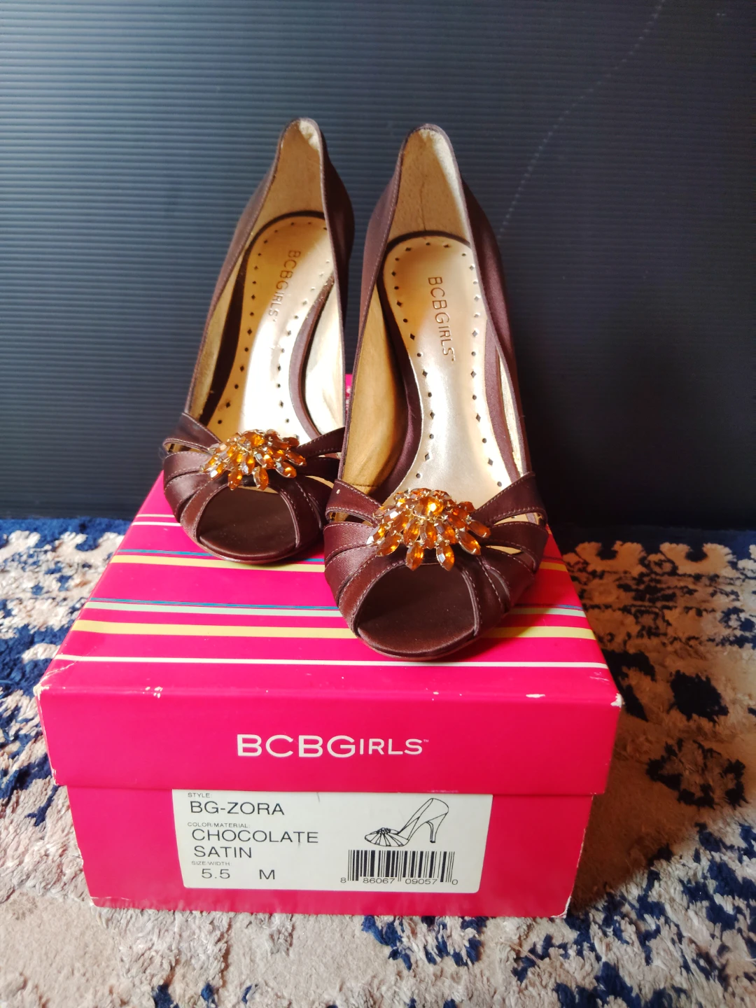 BCBGirls "BG-Zora" Chocolate Satin Peep Toe Heels - Size 5.5