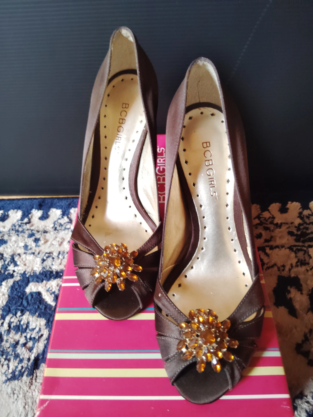 BCBGirls "BG-Zora" Chocolate Satin Peep Toe Heels - Size 5.5 - photo 2
