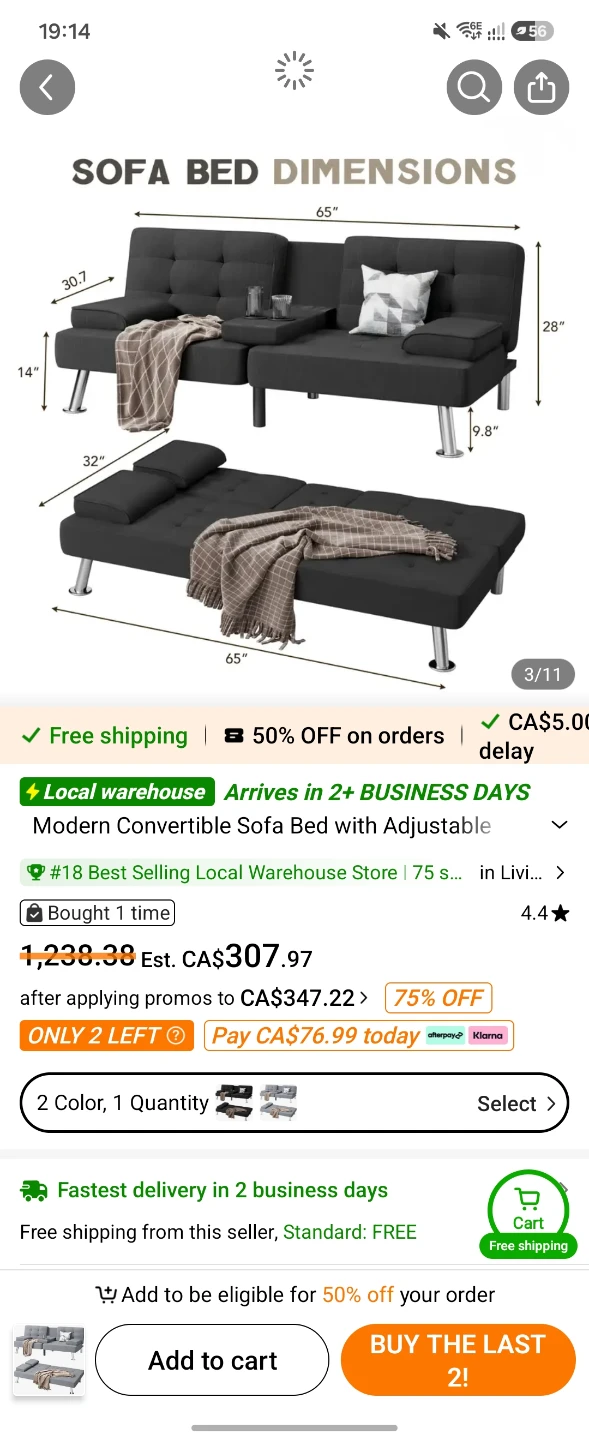 Grey Convertible Sofa Bed with Cup Holders - photo 5
