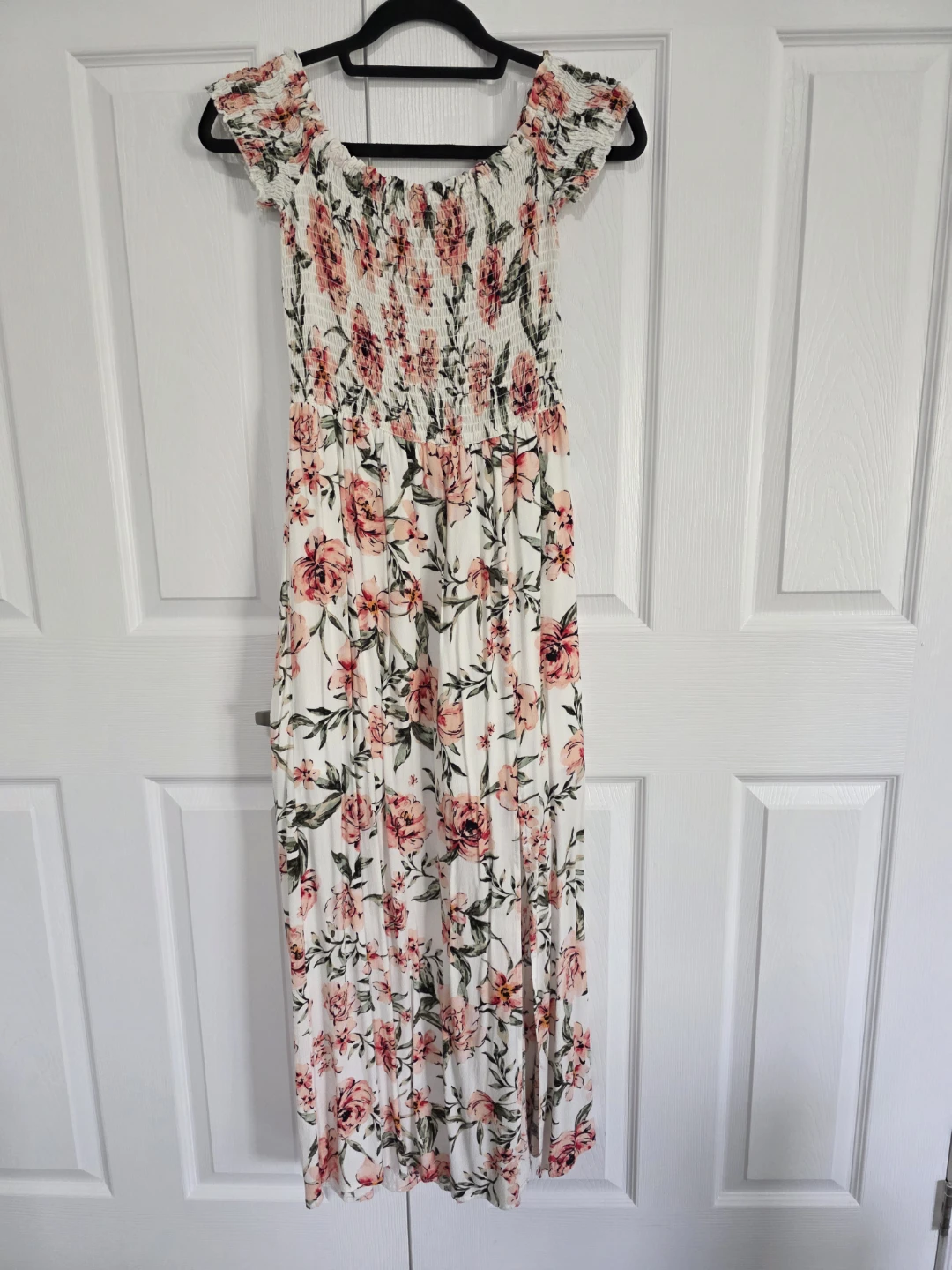 White Floral Maxi Dress with Smocked Bodice