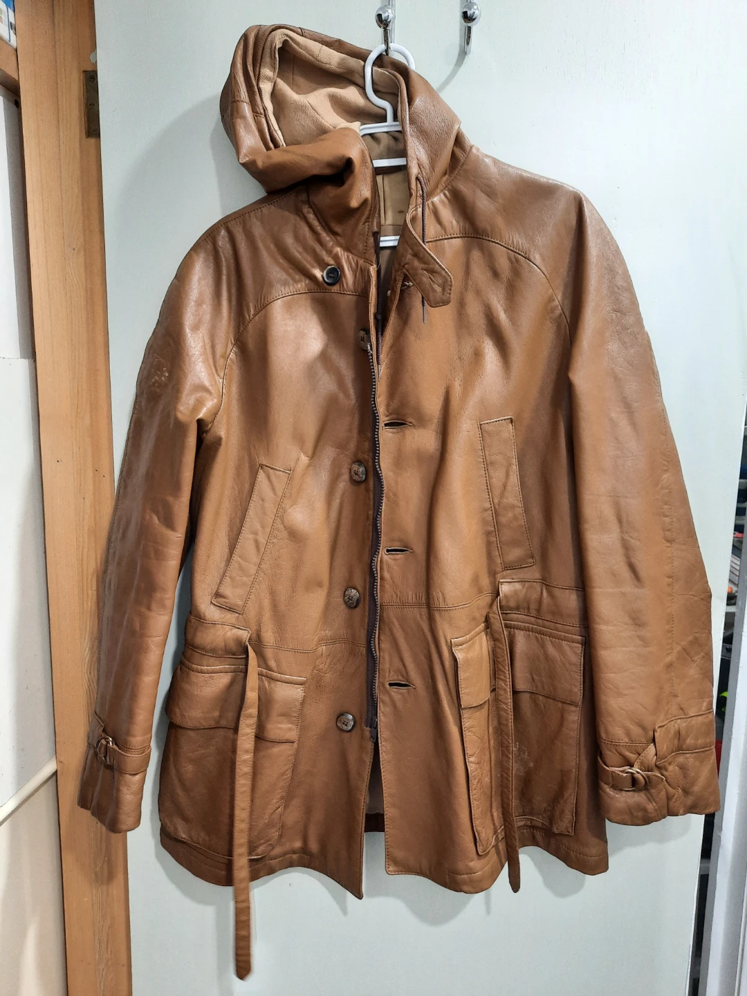 Men's Brown Leather Hooded Jacket