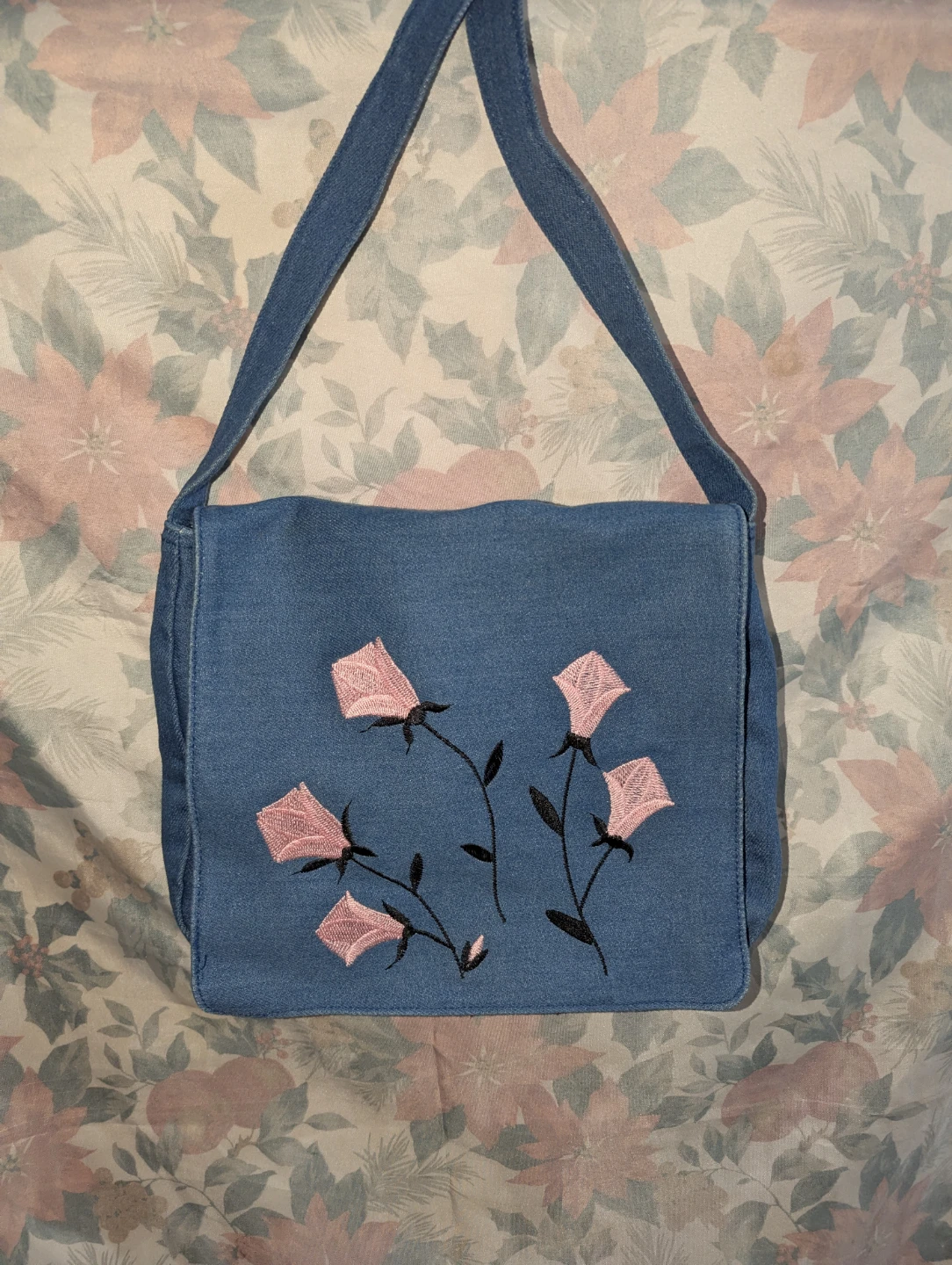 Denim Shoulder Bag with Embroidered Pink Flowers