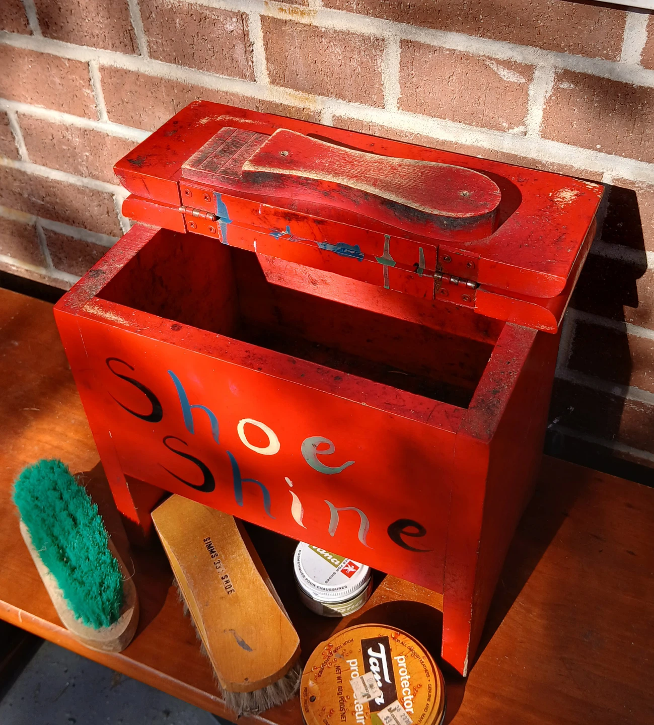 Vintage Red Shoe Shine Box with Accessories