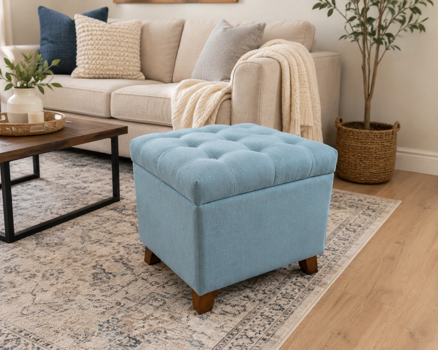 Blue Tufted Storage Ottoman Footrest