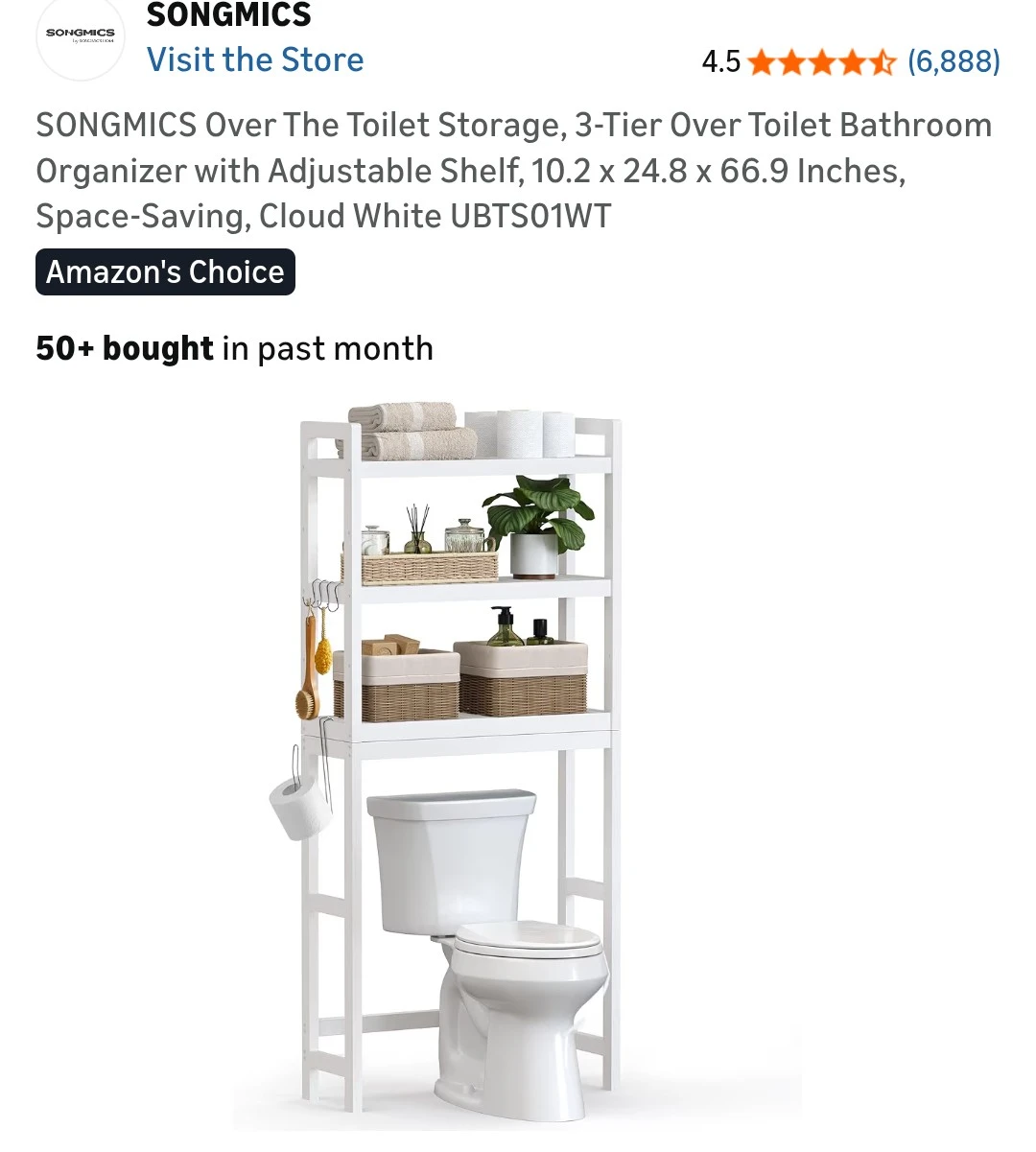 SONGMICS Over The Toilet Storage 3-Tier Organizer Cloud White