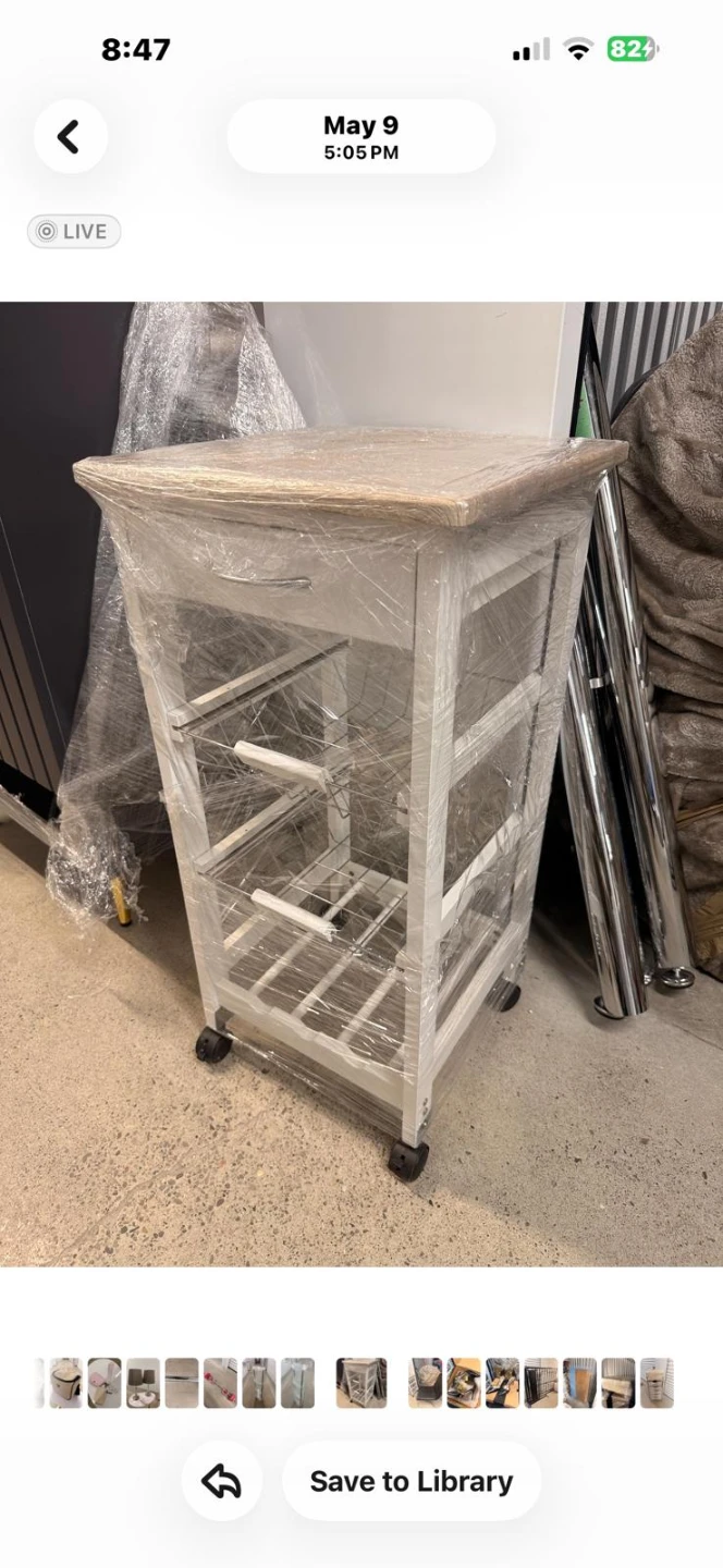 White kitchen cart with wooden top