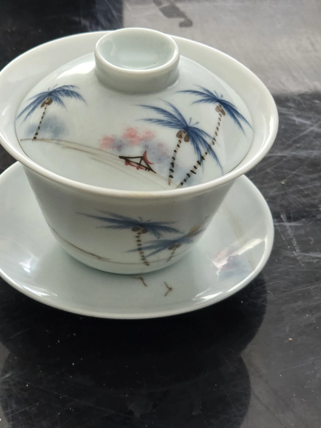 Porcelain Palm Tree Ceramic Tea Cup with Saucer and Lid