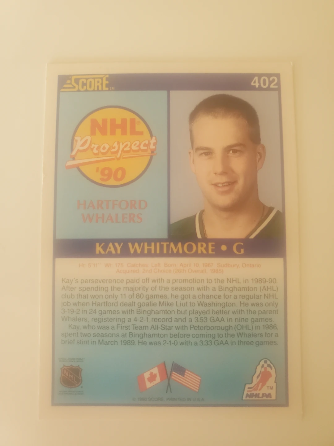 1990 Score NHL Prospect Kay Whitmore Hockey Card - photo 2