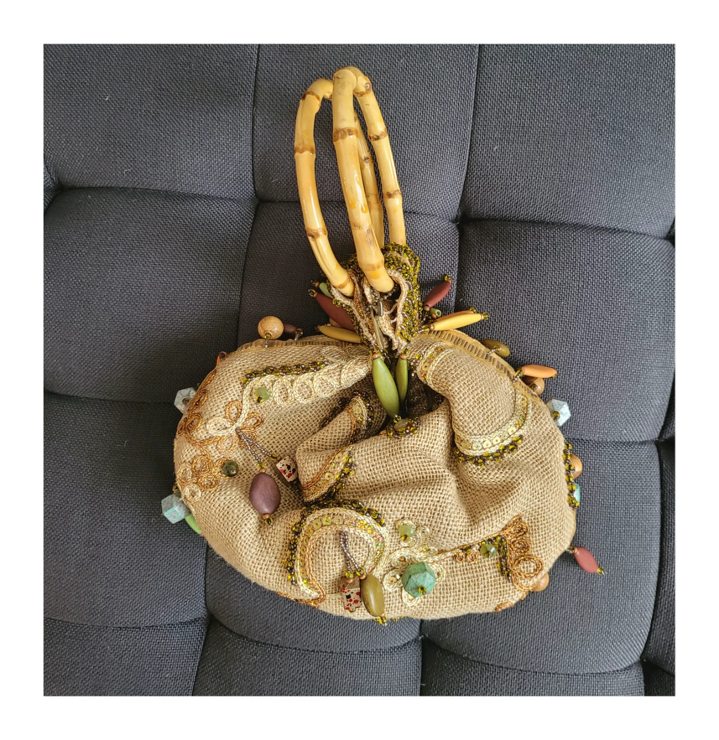 Mary Frances Handbag Embellished Jute with Bamboo Handles - photo 3