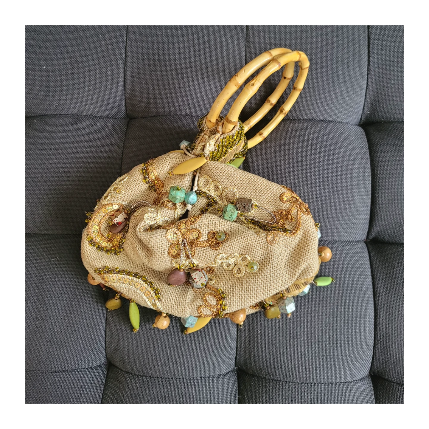 Mary Frances Handbag Embellished Jute with Bamboo Handles - photo 4