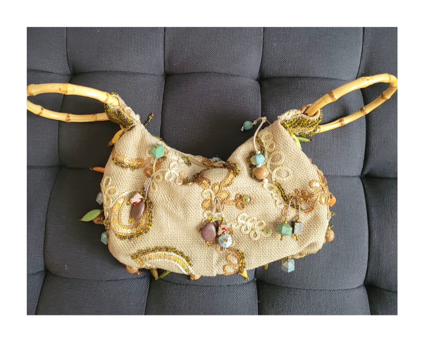 Mary Frances Handbag Embellished Jute with Bamboo Handles - photo 5