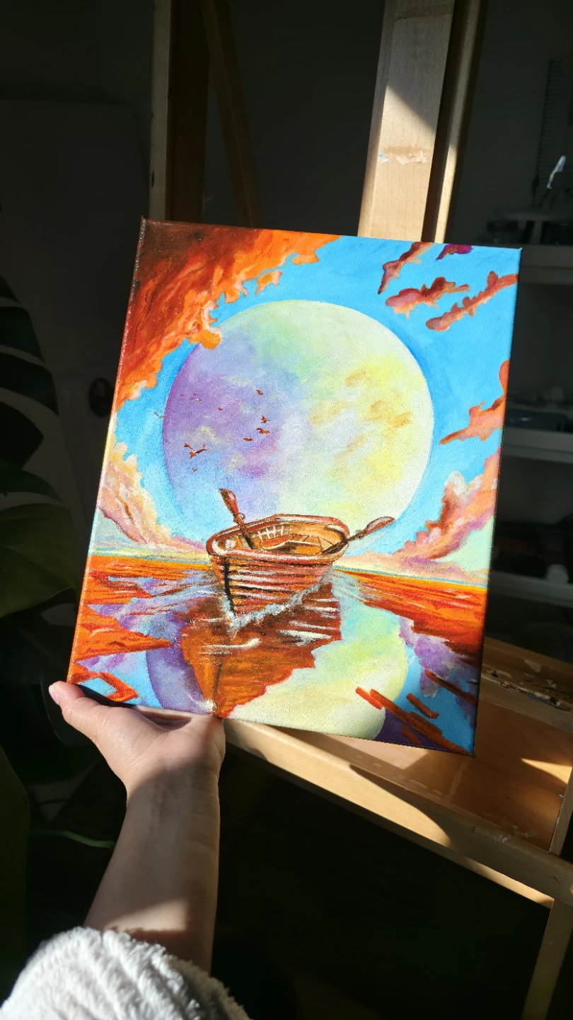 Original handmade acrylic Painting - Rowboat and Moon