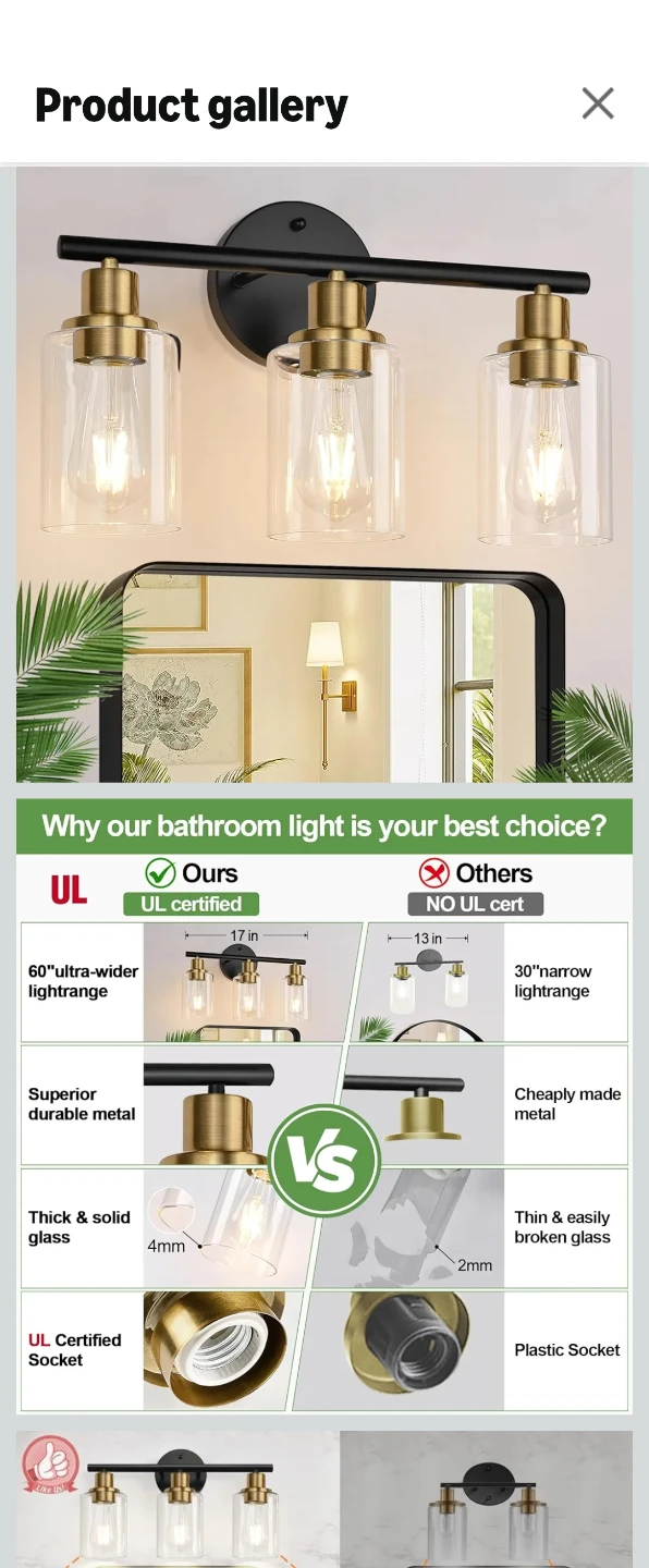 3-Light Black and Gold Vanity Light Fixture