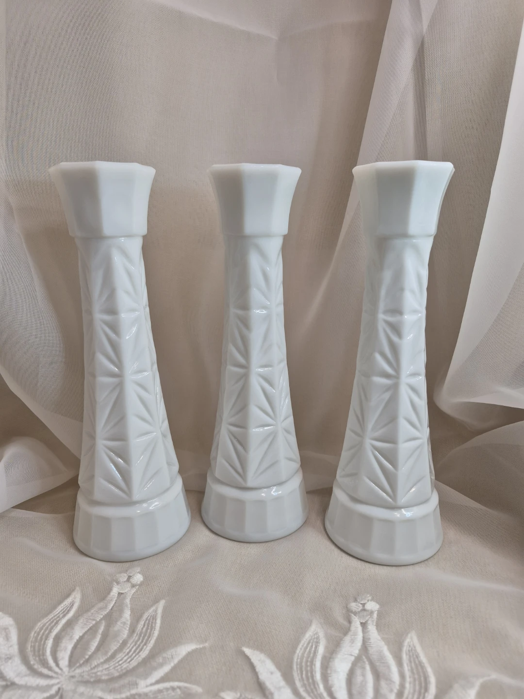 Set of 3 Vintage White Milk Glass 9" Tall Matching Vases