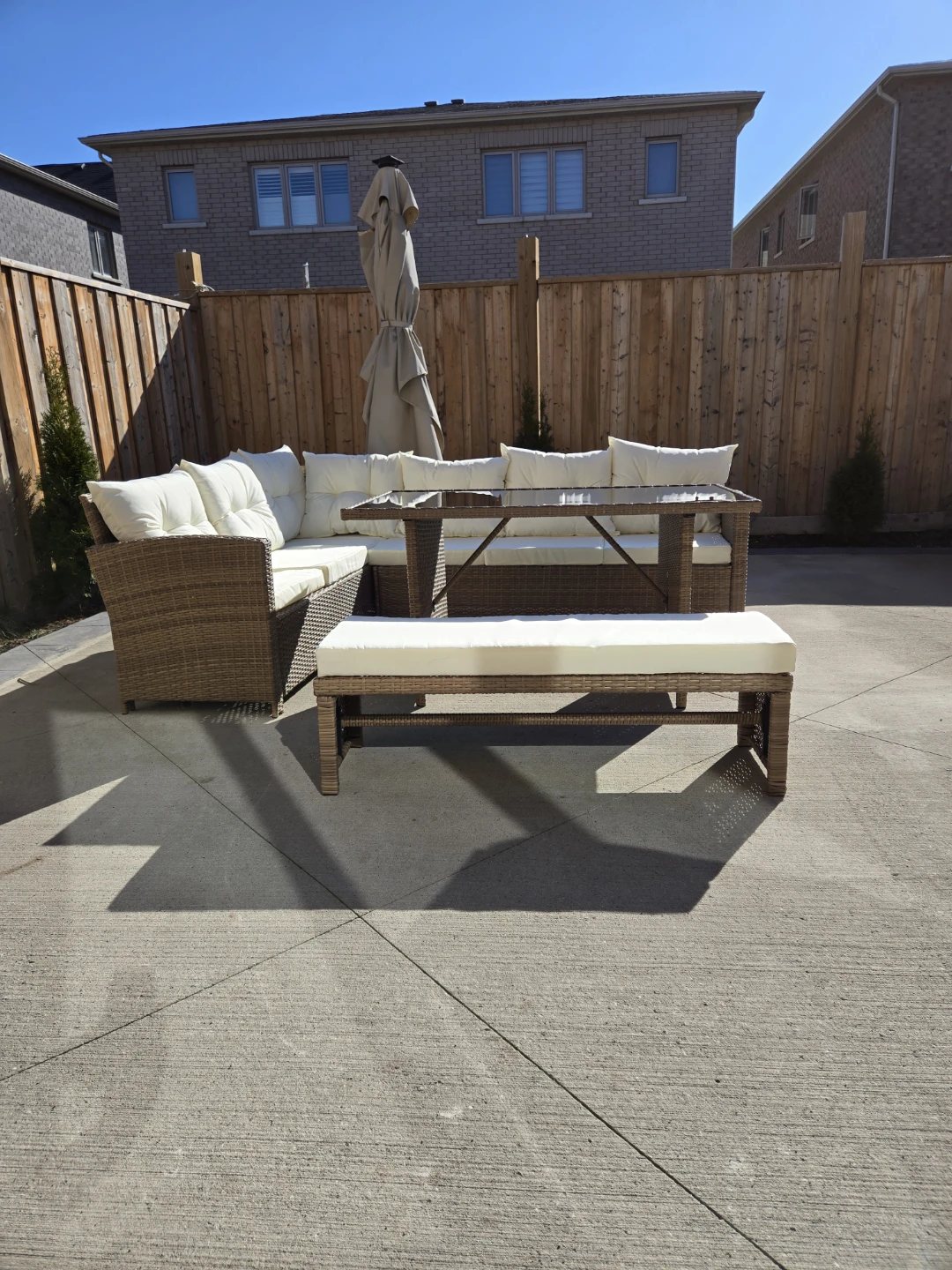 Wicker Patio Sectional Sofa Set with Table and Bench