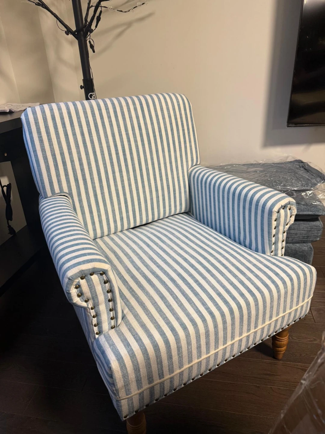 Blue and White Striped Accent Chair