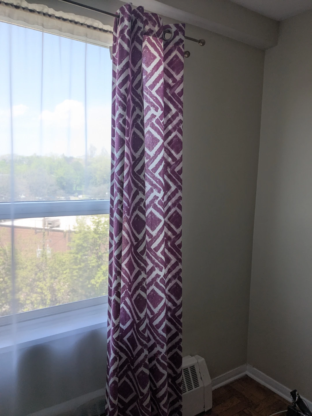 Purple and White Geometric Pattern Grommet pair of curtains - photo 2