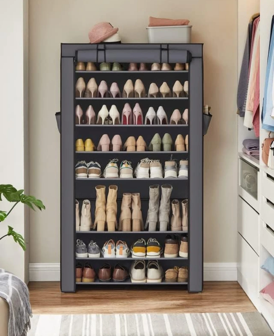 10-Tier Grey Shoe Rack Organizer with Side Pockets