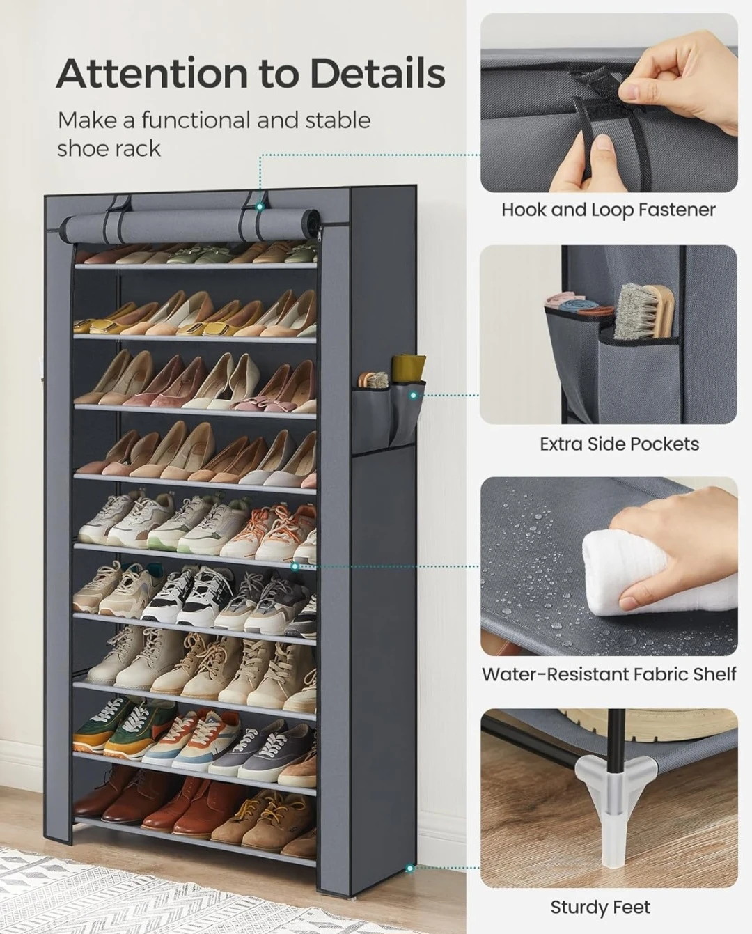 10-Tier Grey Shoe Rack Organizer with Side Pockets - photo 3