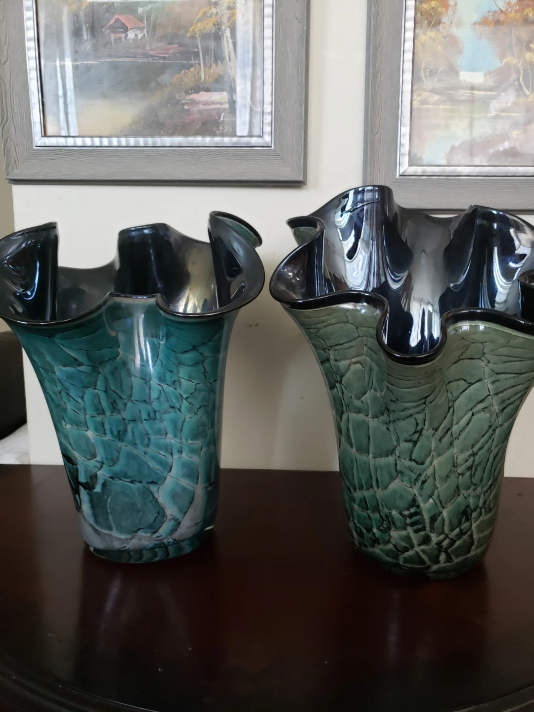 Two Art Glass Vases - Teal and Green