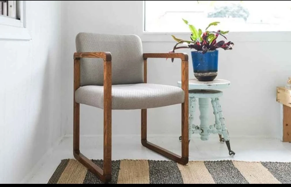 MCM Armchair with wood frame and light grey fabric